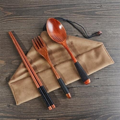 Portable Retro Wooden Tableware 3pc set Eco friendly Travel Picnic Cutlery Cloth Bag Chopsticks Fork Spoon Kitchen Utensils