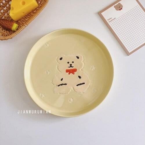 Hand-painted Cartoon Relief Yellow Bear Underglaze Color Cream Yellow Dinner Plate Flat Plate Western Food Dim Sum Plate