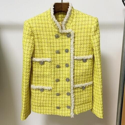 Autumn Winter Fashion Womens stand collar tweed coat High quality chain tassels jackets B801