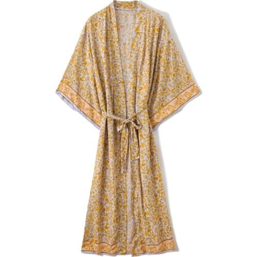 Rayon Kimono Loose Large Size Age-reducing Womens Clothing Retro Cotton Printed Yellow Pattern Long Cardigan