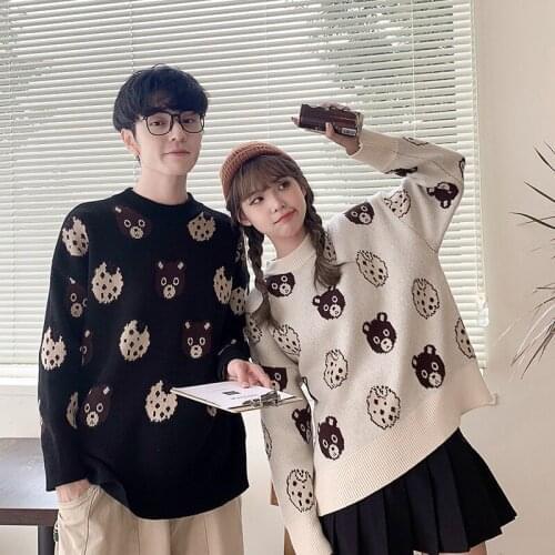 Harakuju Bear Jacquard Knit Jumper Women 2021 Winter Warm Mens Sweater Casual Long Sleeve Korean Fashion Pullover Thick Outwear