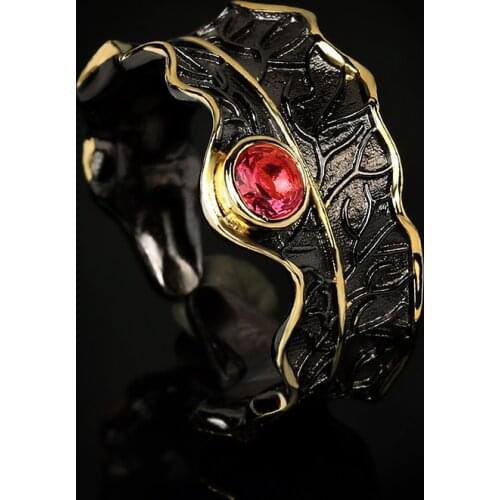 High Quality Red Zircon Pearl Boutique Retro Style Open Ring Handmade Female Black Gold Two-Tone Jewelry Customization