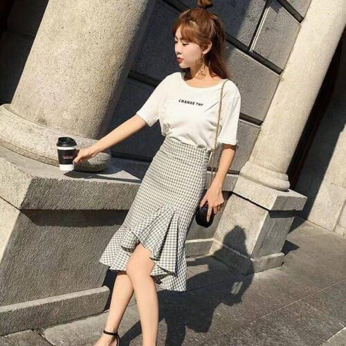 Summer Plaid Skirts Women Elegant High Waist Ruffles Fishtail Skirt Irregular Mid Mermaid Skirt Female Hip Package jupe