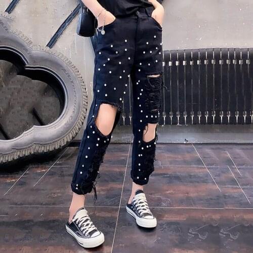 Woman Jeans Korean Style Beaded Versatile Casual High Waist Denim Womens Streetwear Vintage Quality 2021 Fashion Harem Pants
