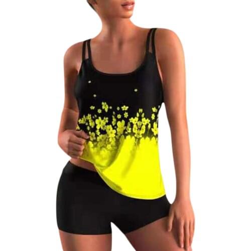 Plus Size Female Swimwear Summer Floral Two-piece Swimsuits Strappy Padded Tank Tops+Solid Color Shorts Bathing Suits 6 Colors