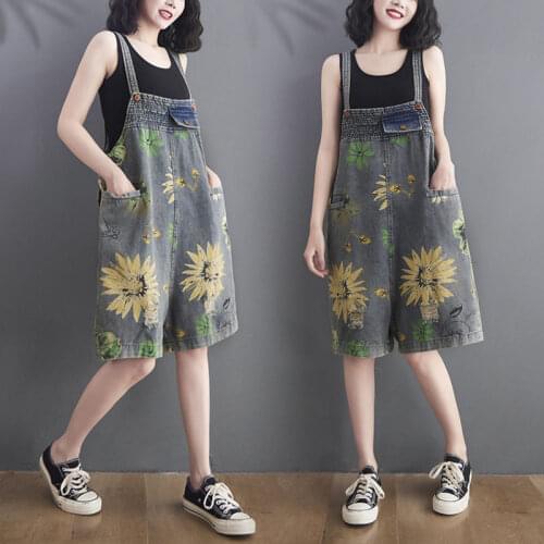Korean Hole Denim Overalls Womens Summer Retro Print Loose Large Size Five Point Wide Leg Rompers Womens Jumpsuit Shorts ZH1044