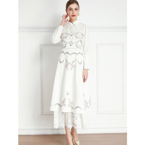 High quality womens summer embroidered lace sling long dress And white blouse long sleeve lapel shirt 2 piece suit women 2021