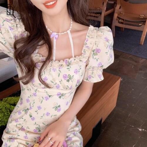 New Summer Chiffon Dress High Quality Pearl Choker Sexy Short Sleeve Vintage Patchwork Lace Midi Dress Vestidos 2021