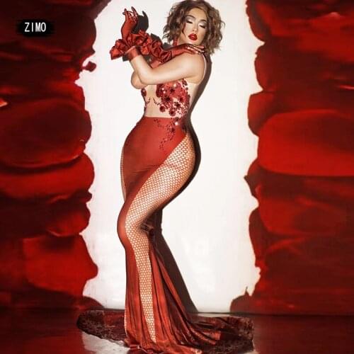 Shiny Rhinestone Red Long Dress Women Sexy Mermaid Backless Party Dress Drag Birthday Prom Designer Stage Performance Costume