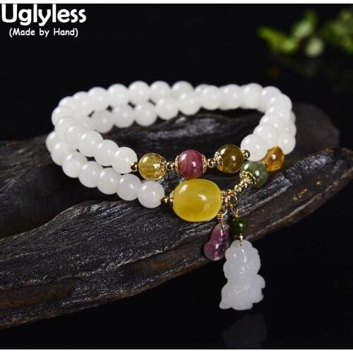 Uglyless 2 Layers 7MM Xinjiang Hetian White Jade Beads Bracelets for Women Free size for All Elastic Rope Bracelets 925 Silver