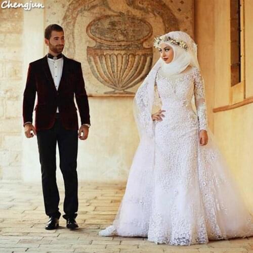 Chengjun Arabic Muslin Winter Long Sleeve Heavy Beading Bridal Wedding Gown