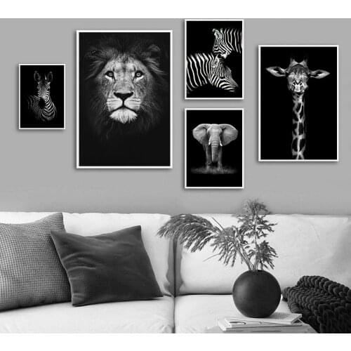 Black White Animal Wall Art Canvas Painting Lion Giraffe Zebra Nordic Posters and Prints Wall Pictures for living Room Decoratio