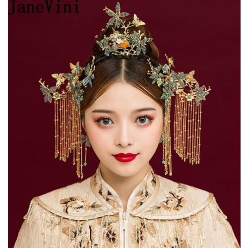 JaneVini Luxury Chinese Wedding Headdress Ancient Hairpin Beaded Bridal Crown Gold Tassel Women Jewelry Wedding Hair Accessories