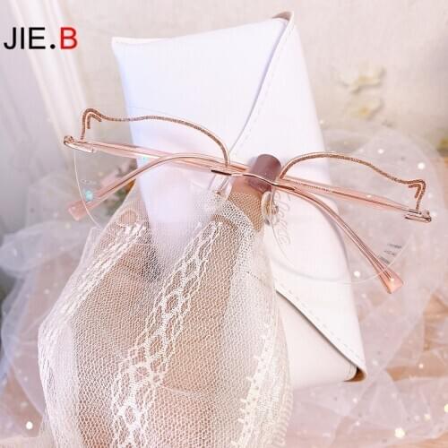JIE.B new fashion net red female cat eye frameless can be equipped with prescription color-changing progressive lenses