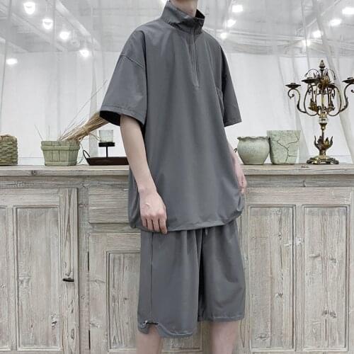 Summer Short Sleeve Shorts Suit Ice Silk Smooth Quick Dry Half High Collar Top Casual Sports 5-point Pants Set Tracksuit Men