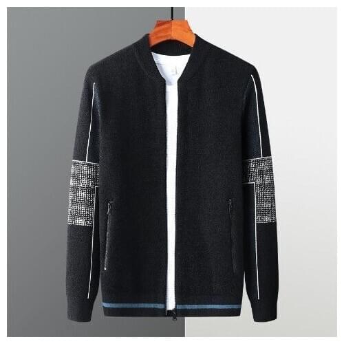 Mens sweater new style baseball collar knitted cardigan mens coat wear fashionable sweater contrast color jacquard sweater