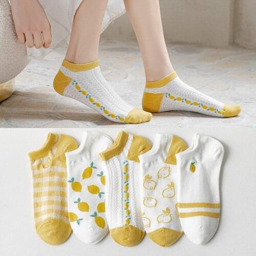 The New Women Yellow Cotton Breathable Short Heel Boat Socks Personalized Shallow Mouth High Quality Embroidery 5 Pairs Female