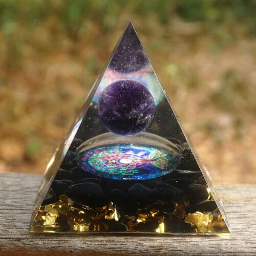 Handmade Orgonite Pyramid 60mm Amethyst Crystal Sphere With Obsidian Quartz HEALING Crystal Reiki Orgone Chakra EMF Protection