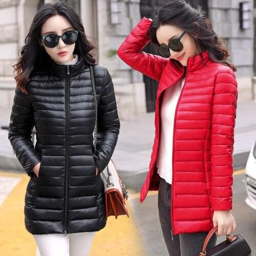 Autumn Winter Women Cotton Jacket Female Solid Color Slim Thin Stand-Up Collar Coats Casual Zipper Medium-Long Jackets