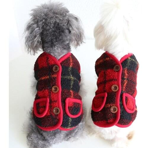 Autumn Red Plaid Velvet Vest for Dogs Coat Pockets Button Closure Warm Cat Clothes XS S M L XL