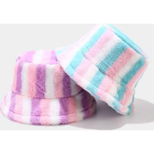 Bucket Hat Women Fluffy Autumn Winter Warm Stripe Holiday Accessory For Young Lady Teenagers Outdoors