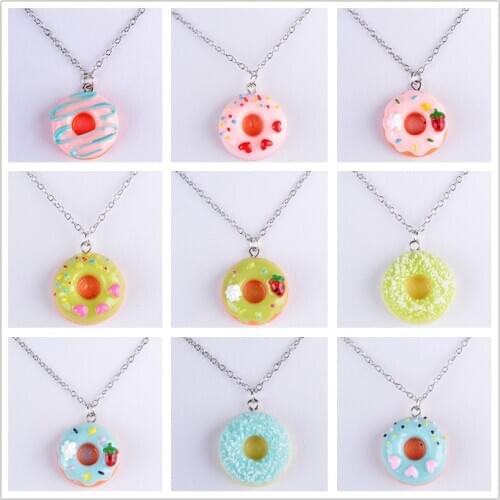 Resin food heart thanks strawberry doughnut donut pendant necklace for women girl link chain necklace jewelry fashion jewellery