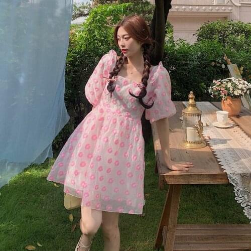 Sannian Pink Girl Bubble Sleeve Floral Dress Women Clothes Summer 2021 New Design Sense Waist Temperament Dresses Ladies
