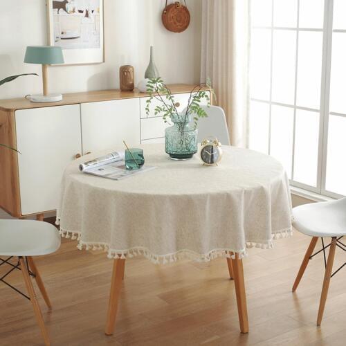 Linen Cotton Tassel Table Cloth Round Tablecloth For Wedding Party Solid Color Dustproof Table Covers Home Textile Desk Cloth