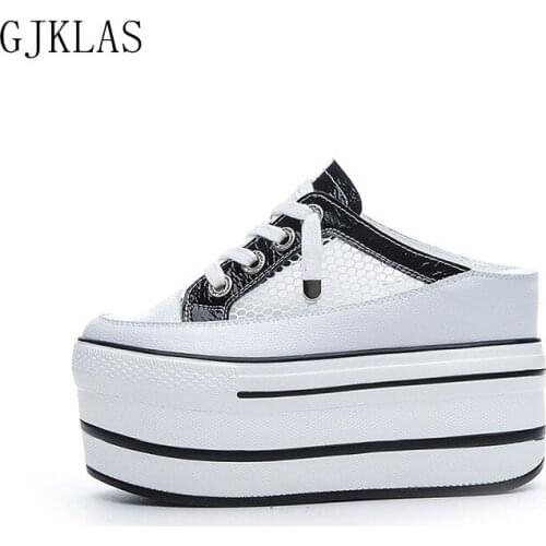 Wedge Slippers Women Chunky Shoes Casual Genuine Leather Shoes for Women Platform Shoes High Heels Woman Slippers Lace-up Trend