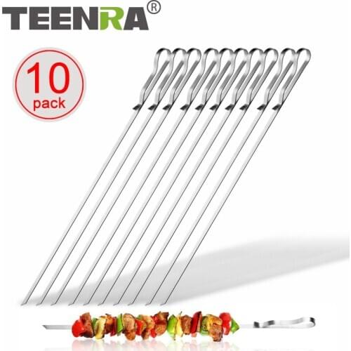 TEENRA 10Pcs/set BBQ Skewers Stainless Steel BBQ Needle Barbecue Meat String Barbeque Skewers Cooking Roasted Skewers Tools