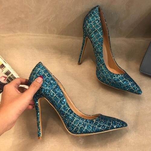 Free shipping fashion women Designer Brand New Blue Glitter strass point toe high heels pumps shoes Stiletto 33-43cm 12cm 10cm 8