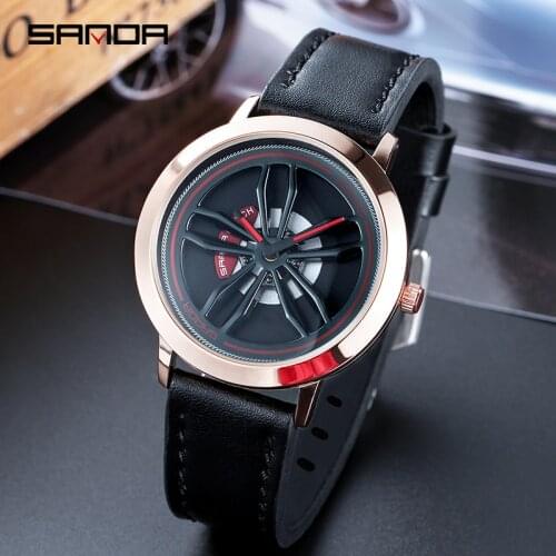 BASID Rotating Car Wheel Dial Sports Watches Men Stainless Steel Case Leather Band Watch Quartz Wristwatch Gentleman Male Luxury