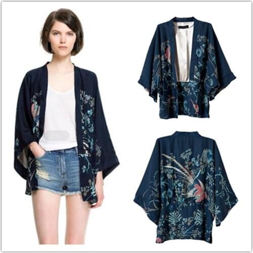 Japan Harajuku Autumn Women Blouses Japanese Fashion Butterfly Kimono Print Bat Sleeve Loose Cardigan Sun Protection Blouse