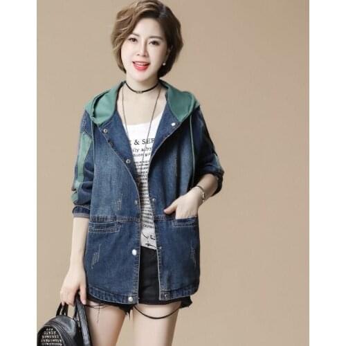 2021 Spring Autumn New Hooded Stitching Korean Fashion Denim Jacket Short Loose Casual Women Clothing Patch Hidden Button Top