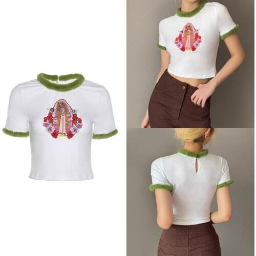 2021 Women Summer Fashion Short Sleeve Print T-shirt Stylish Crop Top for Shopping Daily Wear