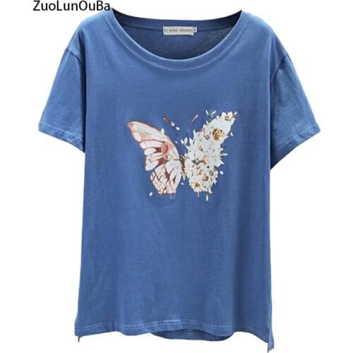 ZuoLunOuBa 2021 Loose Summer Print Harajuku Butterfly Pattern Blue Women T Shirt Fashion Short Sleeve Cotton Tees Tops Female