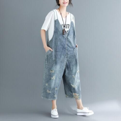 Women Denim Jumpsuits Plus Size Hole Ripped Bandage Rompers Womens Jumpsuit Vintage Bleached Cotton Straps Overalls Jumpsuit