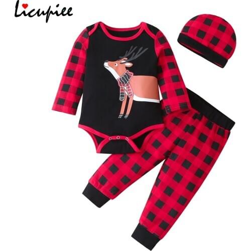 Newborn Baby Christmas 3-piece Autumn Casual Outfit Set Cartoon Elk Bodysuit Plaid Pants Hat Set for Baby Boys Girls 0-12 Months