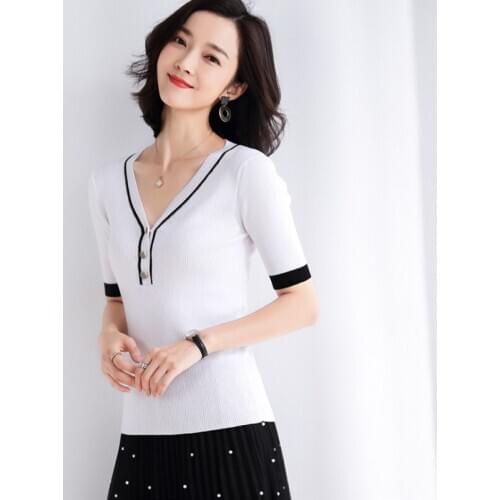 2019 New Fashion Summer Womens Sweaters Elegant Contrast Color Sunscreen Sweater Knit Simple V-neck Shawl Female Sweater M086