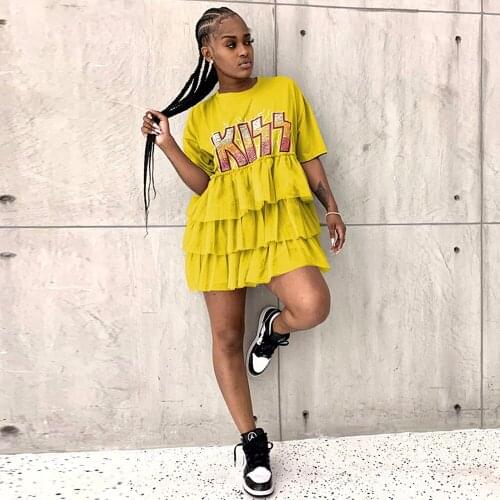 Mesh Sheer Letter Print Sweet Girl Cake Dress Fashion Round Neck Short Sleeve A-line Dress Summer Multilayer Ruffle Robe Femme