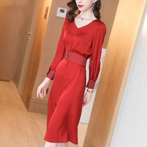 High Quality Woman Dress Silk Dress Female Elegant Red Dresses for Women Long Sleeve Spring Autumn New 2021 Vestidos Pph3325