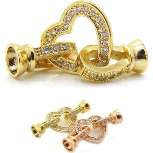 18K Gold Mixed Color Heart CZ Brass Micro Pave CZ Cubic Zirconia Fold Over Watch Band Clasps For Pearl Gem Stone Jewelry Making