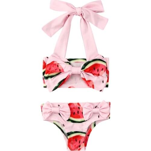 2020 Cute 1-6Y Baby Kids Girls Bow Swimwear Two Pieces Watermelon Halter Top+Bow Shorts Set Swimming Swim Bathing Beachwear