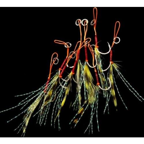 Bammax 3pcs/lot Rainbow Feather Fishing Cast Jigs Single Hook 10# 12# Jigging Sea Assist Hook Fishing Tackle Accessories