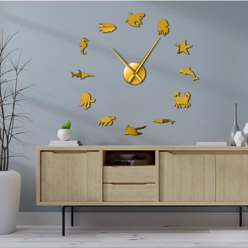 Sea Creature Sealife Creative Self Adhesive 3D DIY Wall Clock Sea Horse Shark Starfish Quartz Acrylic Mirror Sticker Clock Watch