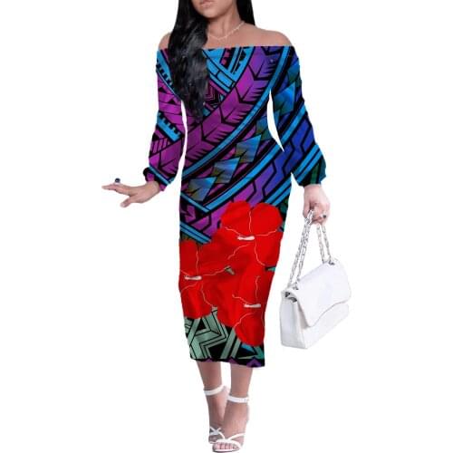 HYCOOL Long Dress Purple Polynesian Tribal Hawaii Flower Off Shoulder Dresses For Women Party New Fashion Sexy Female Clothing