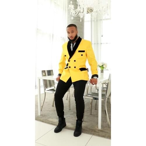 Costume Double Breasted Men Suits Yellow and Black Groom Tuxedos Shawl Lapel Groomsmen Wedding Best Man 2 Pieces (Jacket+Pants)