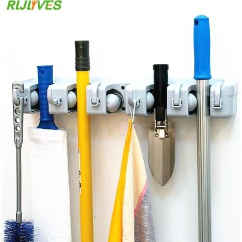 Kitchen Wall Mounted Hanger Storage 5 Position Mop Brush Broom Organizer Holder 6 Hook