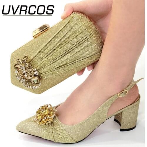 Hot Selling Italian Design Fashion Special Colorful Crystal Mixing Metal Style Nigerian Party Women Shoes and Bag Set in Golden