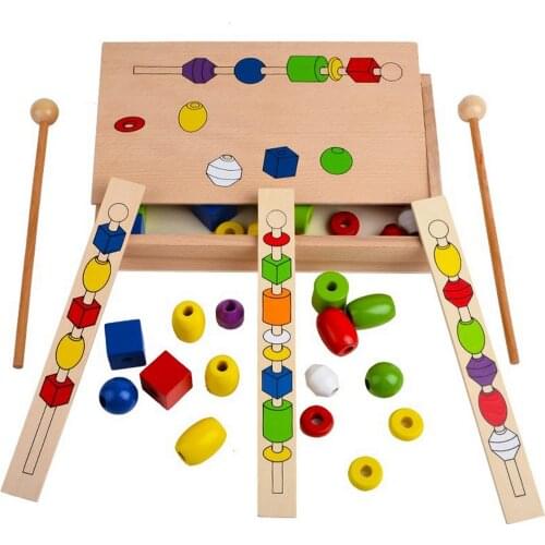 Montessori Materials Game Wooden Colorful Shape Stick Beading Toys Bead Sequencing Set Block for Children Early Educational Toys